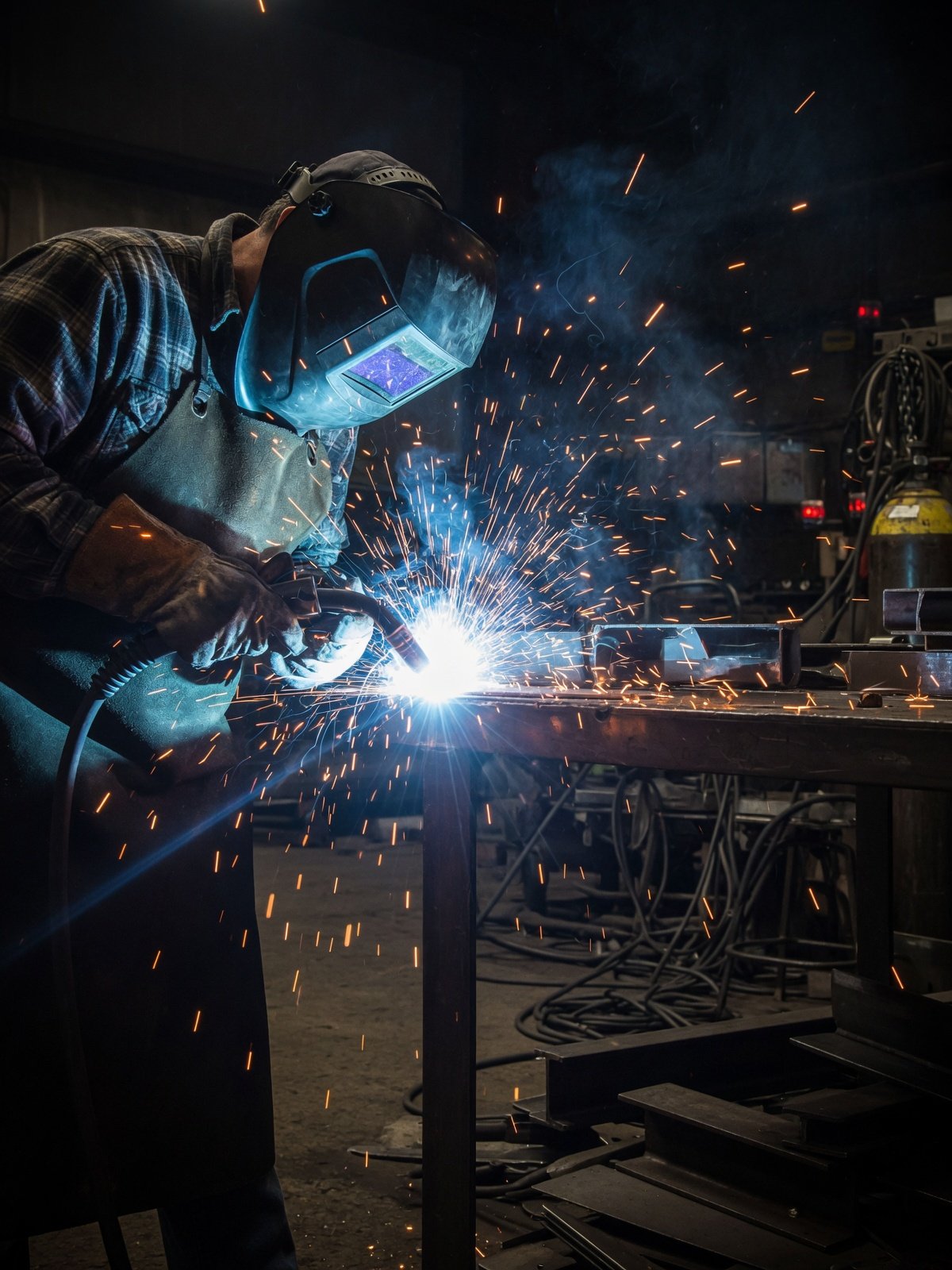 Angle grinder throwing sparks in a dark workshop